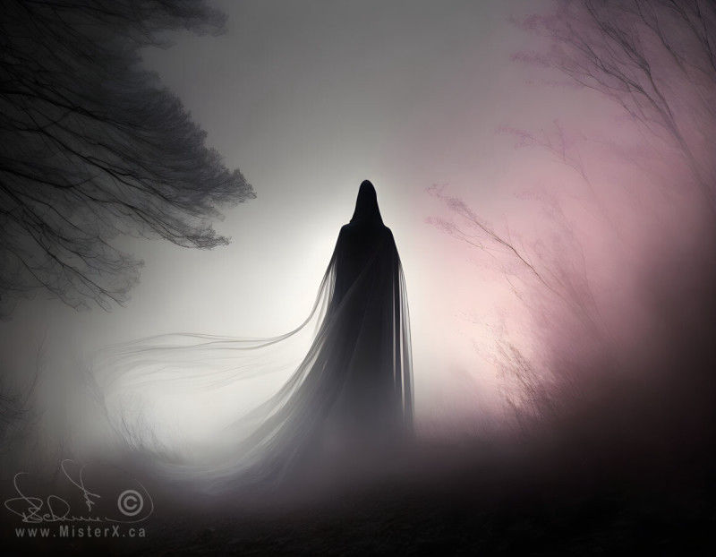 A dark ghostly figure is seen, back lit and misty atmosphere, framed by trees and their branches.