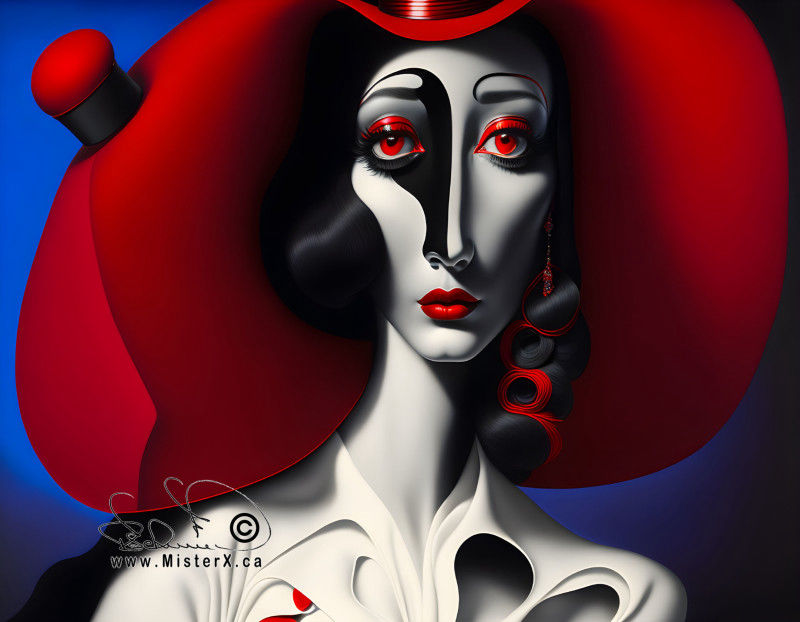 A surreal portrait of a woman in black and white with piercing red eyes and huge red hat set against a blue gradient background.