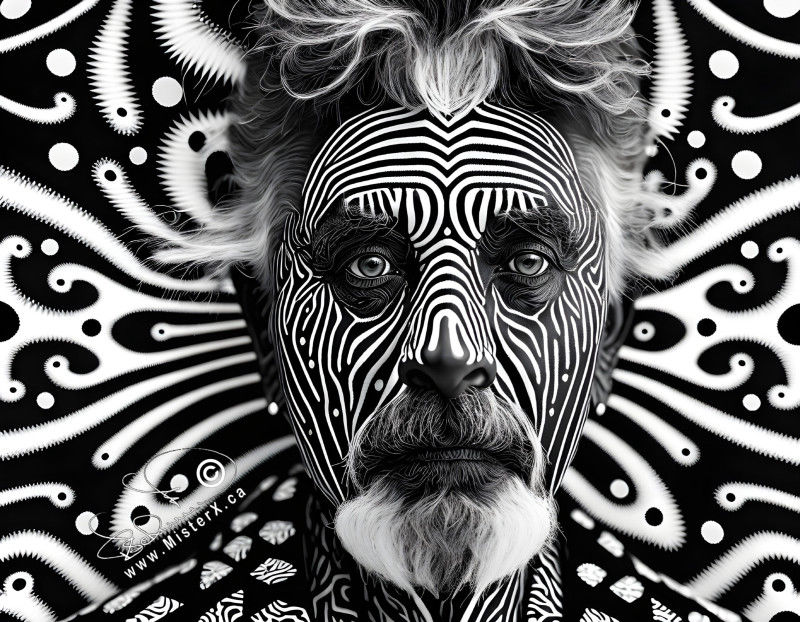 Black & white portrait of a man with zebra striped skin set against a black and white fractal-like patterned background, nearly blending into it.