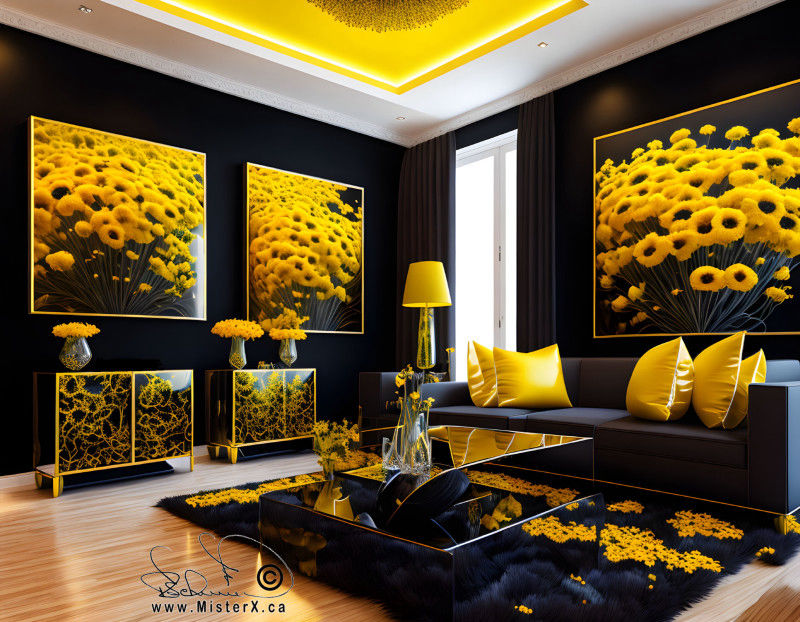 A striking living room made from the colors of black and yellow. A glass coffee table seems to have levels that are impossible.