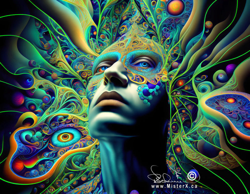 An upturned face is surrounded by multicolored psychedelic patterns and swirls.