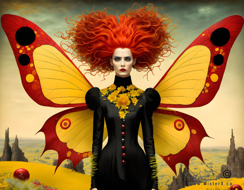 A woman with a huge wild red hairdo is dressed in a black gown and has red, black, and yellow butterfly wings.