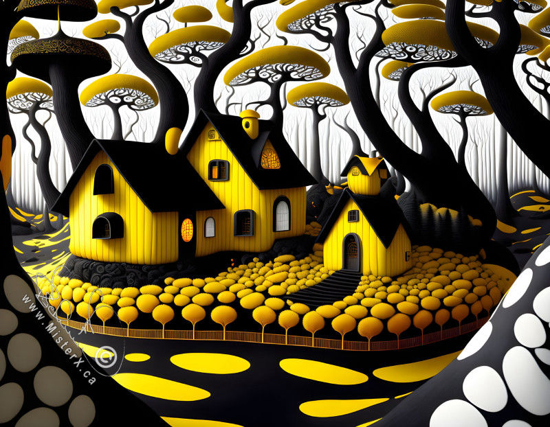A whisical image of a farmouse nessled in the woods, with a tiny picket fence and little trees filling the yard. Image is black and white and yellow only.
