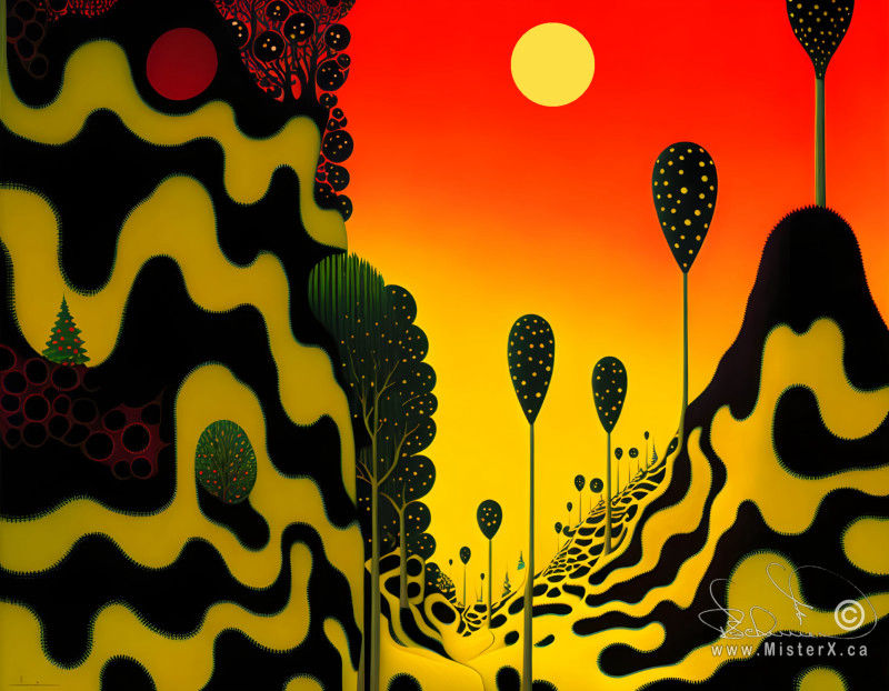 A surreal composition in black, yellow, green, and red showing a view of a canyon from the bottom with a large wall on the left and right with balloon-like trees and a scorching hot sun in the sky.