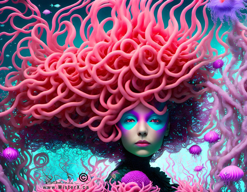 A woman that appears to be underwater has thick pink strands of hair that look like noodles.