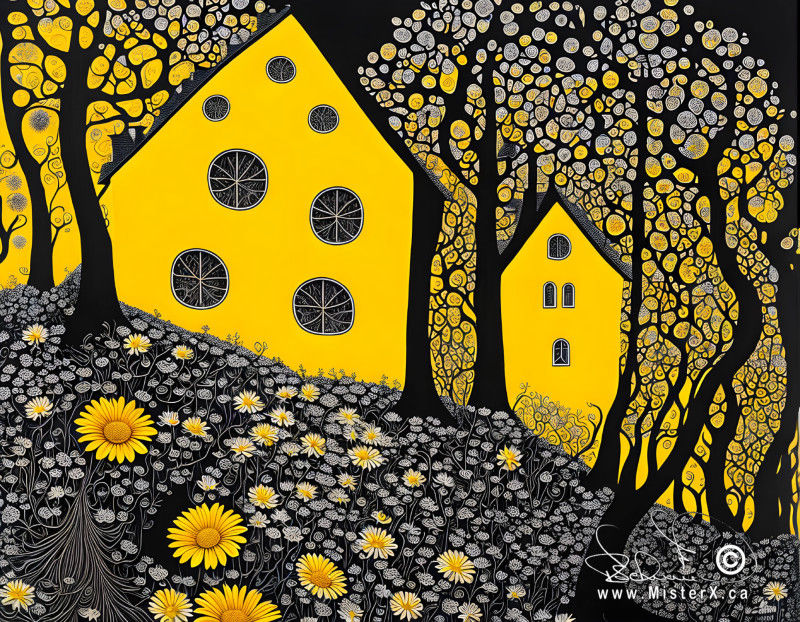 Yellow and black folk-art type image of two crooked houses in and abstract forest setting with daisies blooming on the ground,