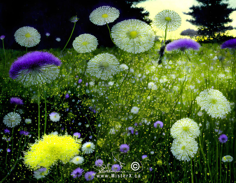 A somewhat abstract image of flowers in a meadow on a warm summer day.