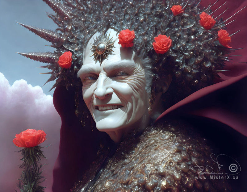 Smiling man is seen with elaborate spiked headdress with roses, flowing cape, metallic looking clothing, set against a blue sky with storm clouds.