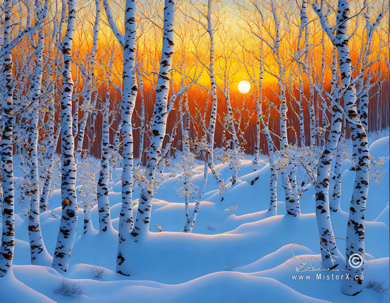 Beautiful northern winter landscape showing birch trees in snow drifts in the foreground, and the beginnings of a stunning sunset in the background.