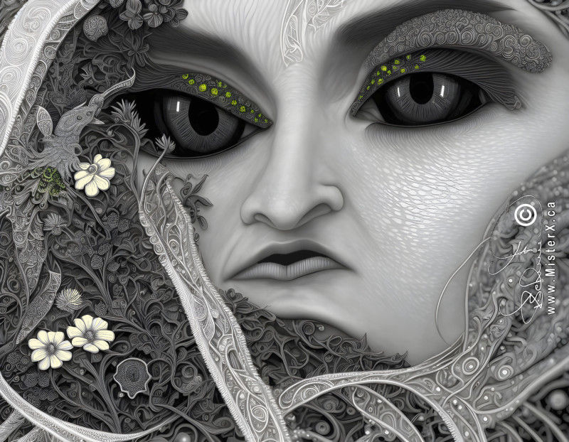 Mostly colourless image of a distorted woman's face set amongst fractal-like designs with flowers.