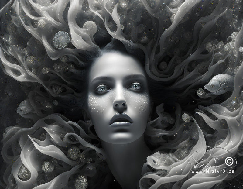 Black and white image of a girl underwater with pale blue eyes. Her hair changing to kelp with a fish peeking through it.
