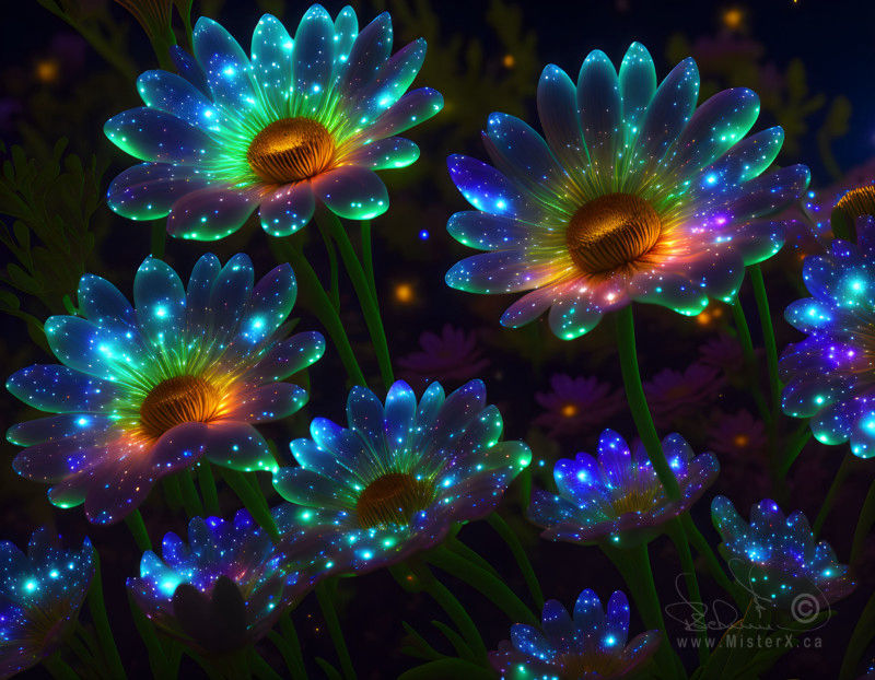 Daisy flowers at night that are lit up with dappled neon light sources scattered across their petals.