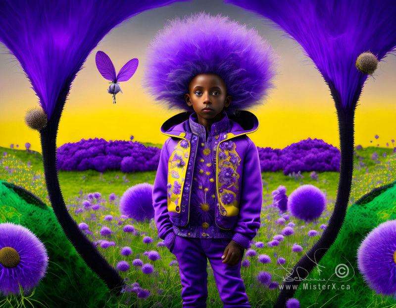 A young boy of African descent has a huge purple afro and is standing in a fantasy field with purple flowers.