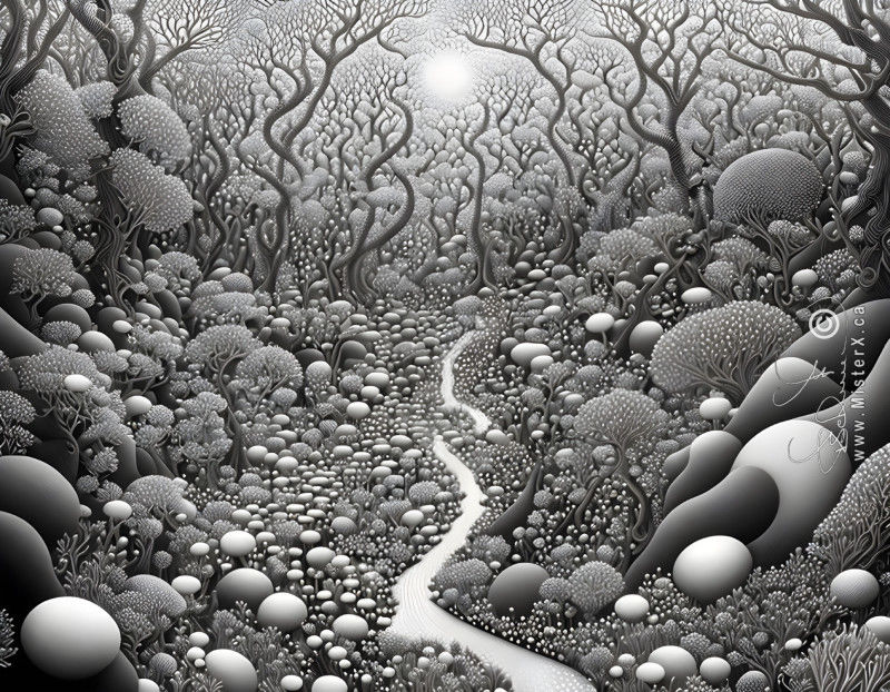 A black and white digital forest scene with a thin white path winding through the center surrounding by boulders and plant life. Sun shines through trees off on the horizon.