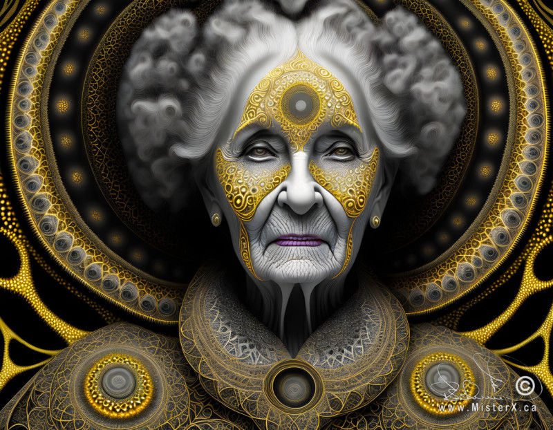 Portrait of an older woman who could be royalty with fractal-like designs behind her and on her clothing.