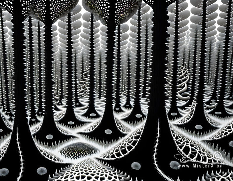 Black and white landscape of a forest made from repeating fractal-like shapes and lines.