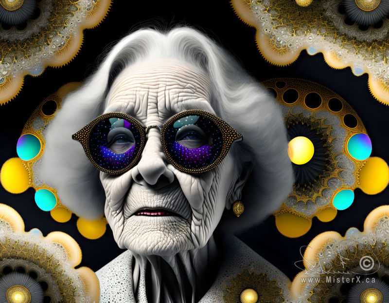 Image of an old woman wearing sparkly blue and purple sunglasses set in a psychedelic background.