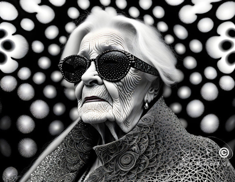 Black and white image of a well dressed older woman with white hair and dark sunglasses with stars reflected in them. Set against a psychedelic fractal background.
