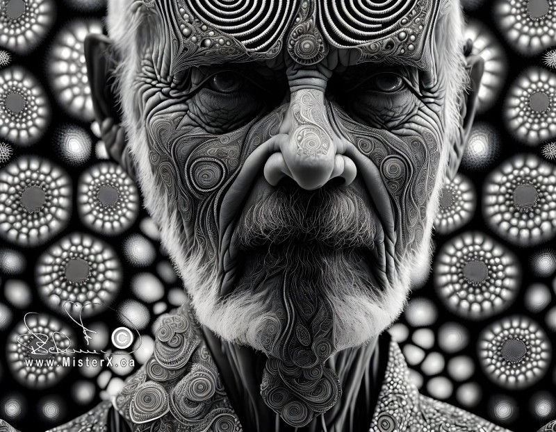 Black and white image of a bearded man with fractal like skin against a fractal like background.