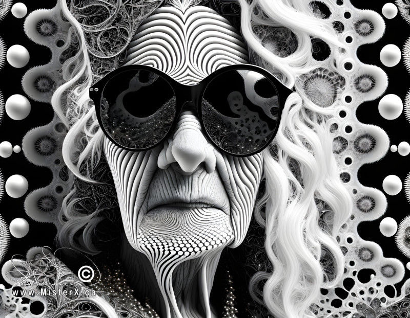 Black and white image of an older woman with fractal patterned skin wearing large over sized dark sunglasses that are reflecting what she is looking at. Psychedelic abstract background patterns.