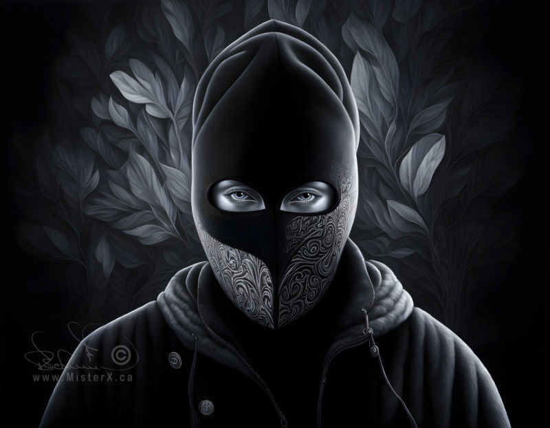 A woman in a balaclava stands in front of a background of gray leaves, looking at the viewer.