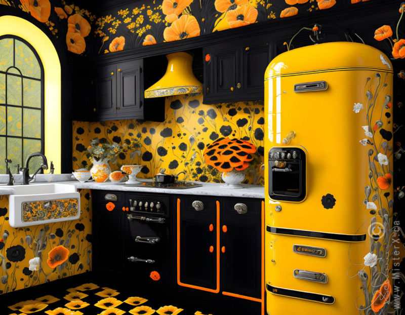 An old fashioned black and yellow themed kitchen with poppies plastered all over everything.