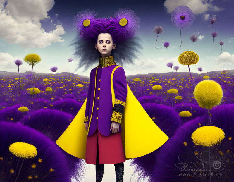 A young woman with wild purple hair and a yellow cape wears a red skirt that transports her to an imaginary land.