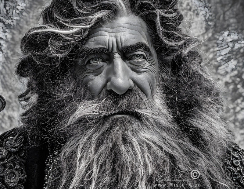 Very detailed image of a bearded older man with thick dark and gray hair. Black and white image.
