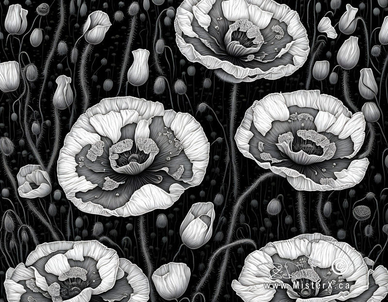 A drawing of white and gray poppies against a mostly black background which shows furry poppy stems and poppy flower buds.