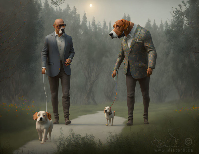 Two men walk their dogs along a wooded pathway. One man has a dog's head, the other only a dog's snout.