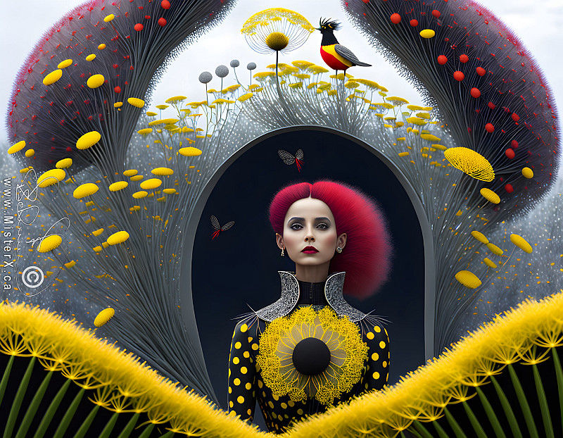A red haired woman emerges from an opening that sits among yellow flowers. 