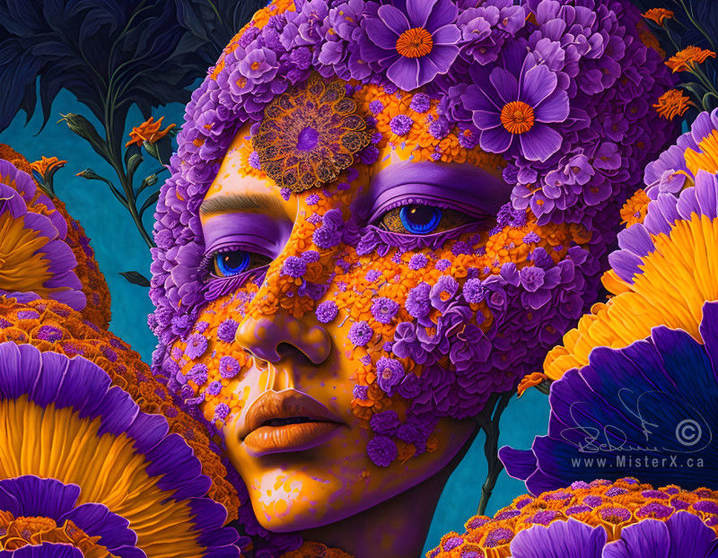 An orange skinned face with large blue eyes is seen in the center, framed by orange and purple flowers on both sides. The face also has many smaller orange and purple flowers all over it.