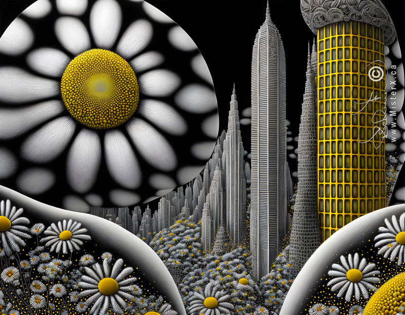 Set amongst a dystopian city skyline, daisy flowers and small dots are seen in the foreground going off into the distance and crawling up the sides of the buildings.