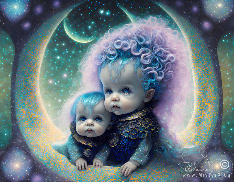 Two babies with blue and purple hairdos are see inside a crescent moon amongst many stars and planets. Pastel colours.