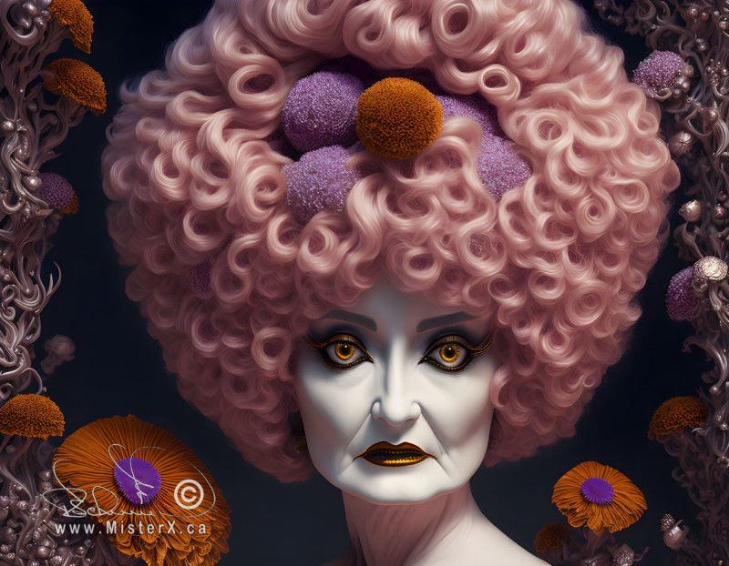 A woman with a lot of make-up has a huge pink curly hairdo and is framed in pink and orange flowers.
