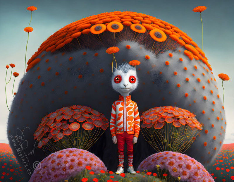 A child like creature in a orange and white outfit is seen posing in front of a large gray boulder covered in poppy flowers.