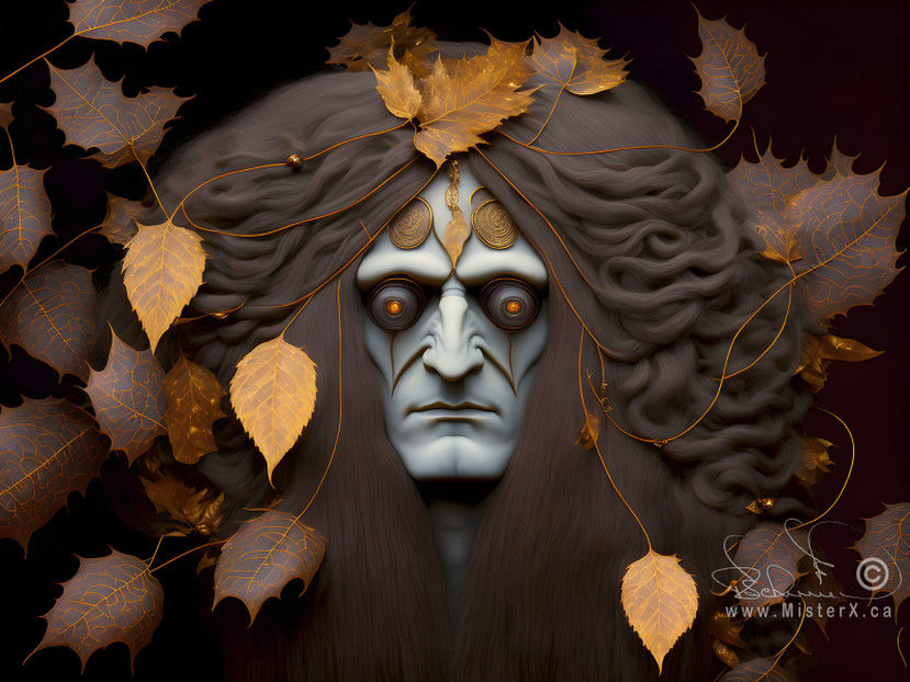 A frightening white and ominous face with buggy eyes and long flowing brown wavy hair is pictured among many fall colored leaves.