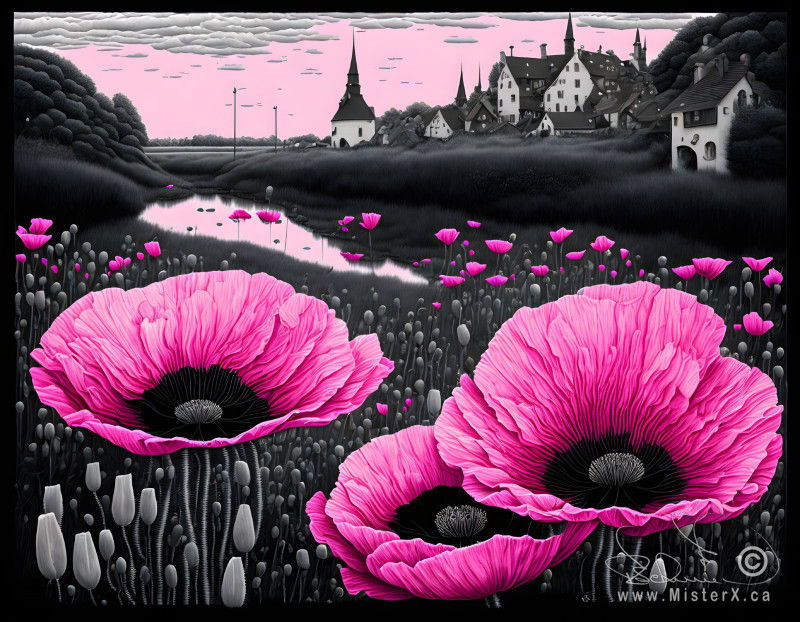 A black and white landscape with a town in the distance with hot pink poppy flowers in the foreground.
