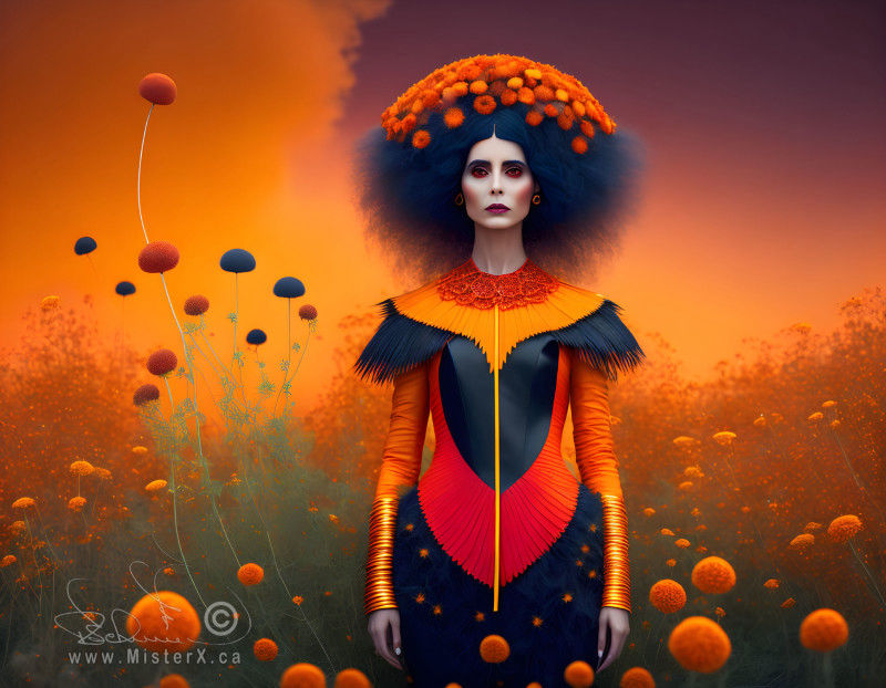 A woman stands in a field of orange flowers against an orange clouded summer sky. She wears a futuristic orange and black outfit and has orange flowers in her frizzy hairdo.