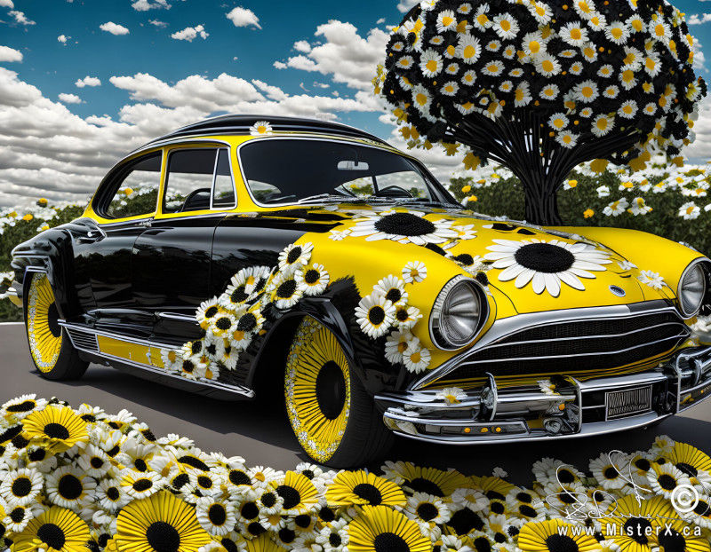 A whimsical picture of an older black and yellow automobile covered in daisies, with daisy flower hubcaps. Seen besie a field of daisies and a tree with daisy flowers.