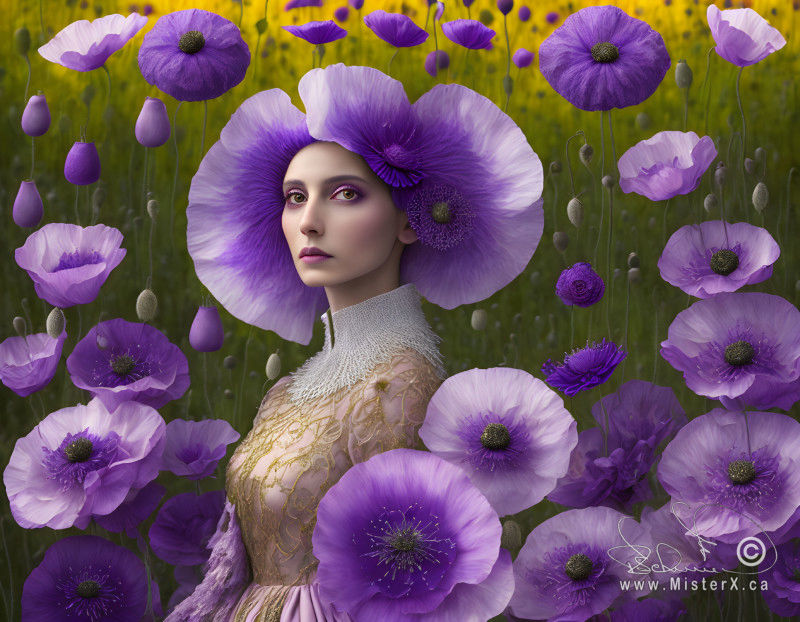 Portrait of a woman in a turn of the century dress amoungst huge purple poppies that go off into the distance.
