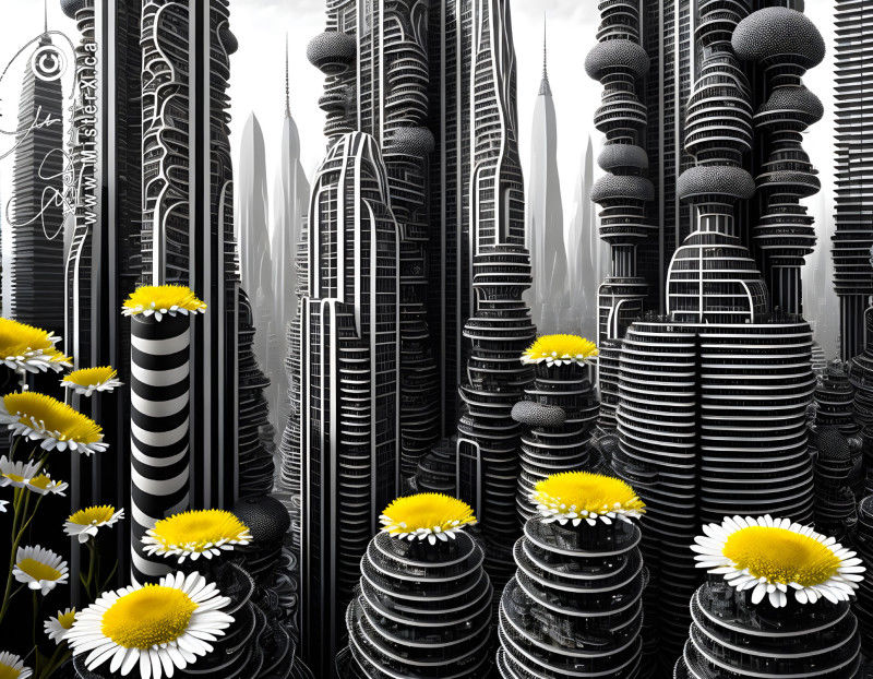 Dystopian downtown scene of grey buidlings going off into the distance with yellow and white daisies seen on the top of the buidings in the foreground.